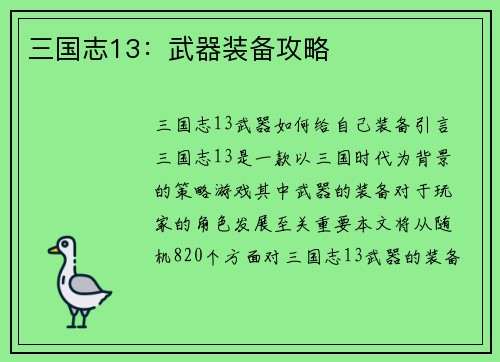 三国志13：武器装备攻略